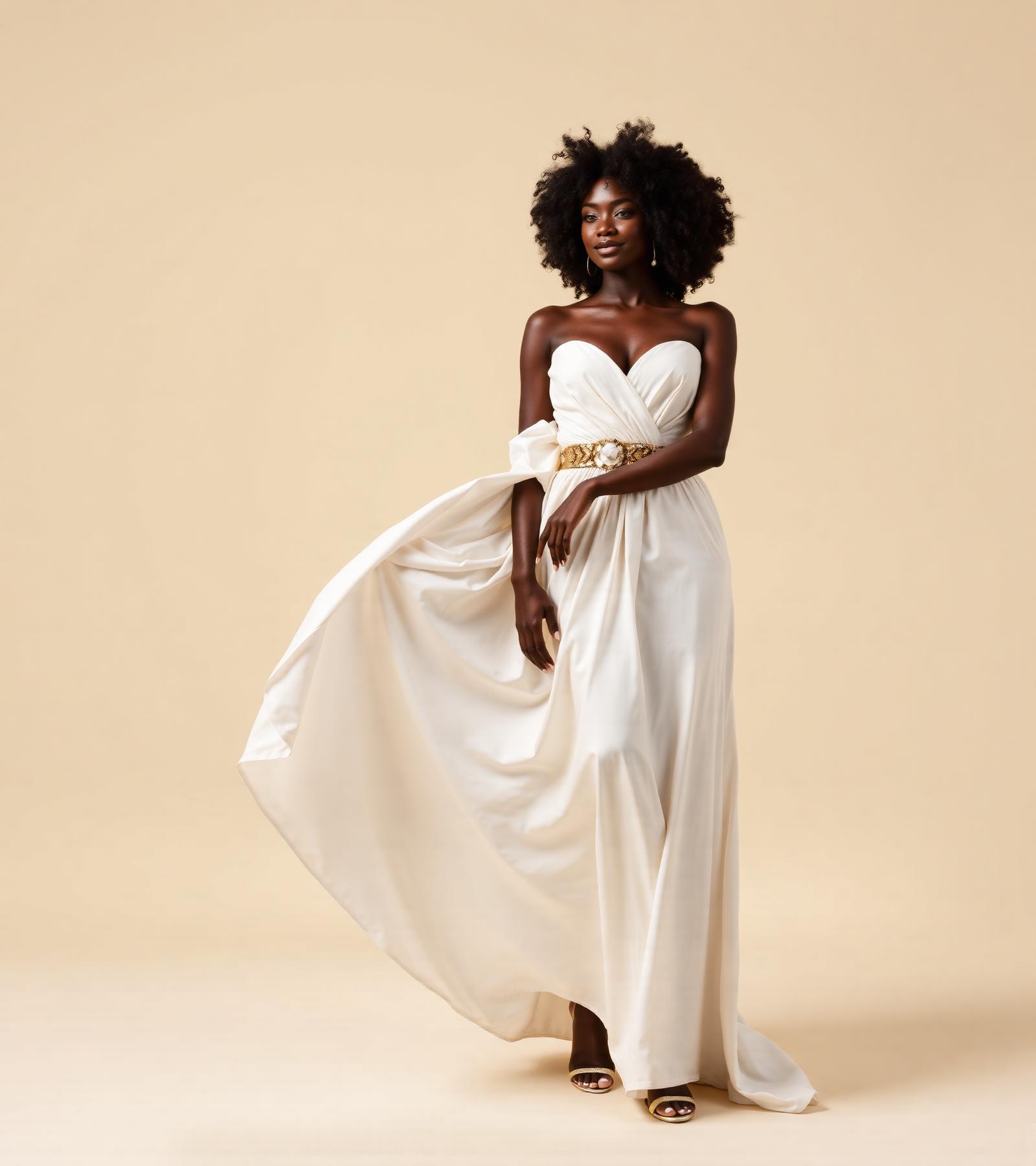 Model in flowing white and gold gown